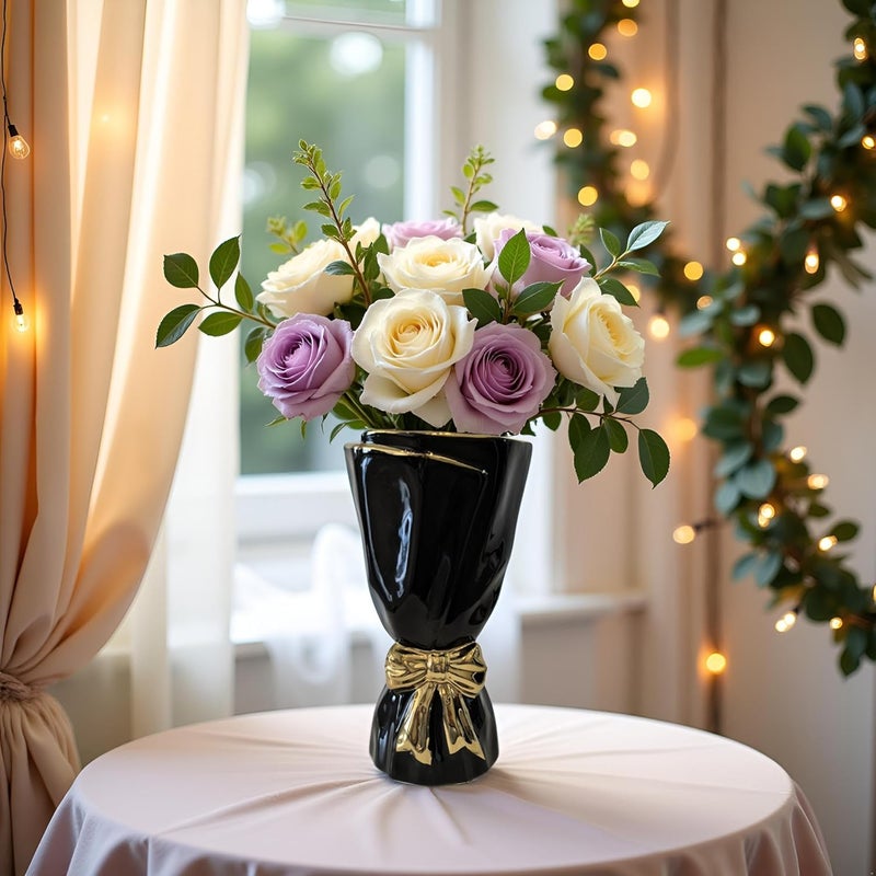 WLGRANJIA Black and Gold Bow Ceramic Vase - Flower Vases for Home Decor, Bow Decor, Boho Style, 9.65 Inch Flower Vases for Bouquet, Large Vase for Ideal Shelf Decor/Table (Black and Gold, Large) - Image 4